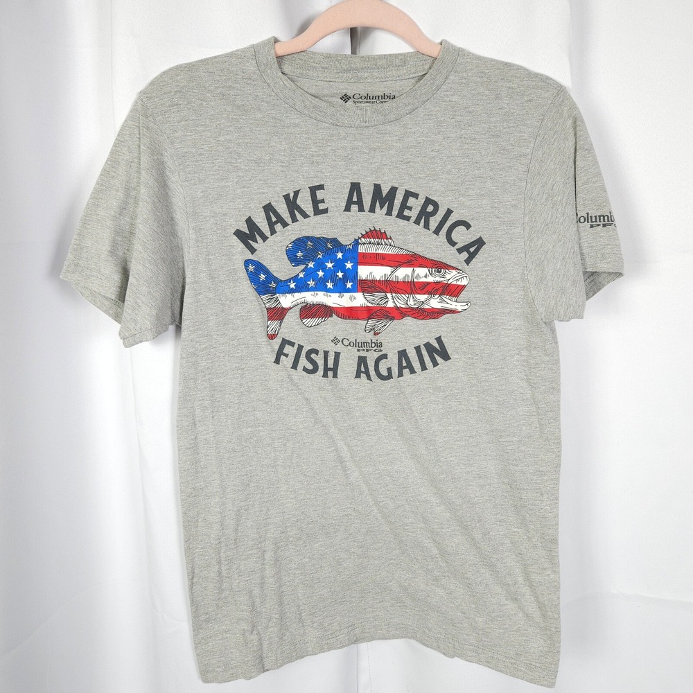 Columbia PFG Gray Make America Fish Again Short Sleeve Tee Men's Small